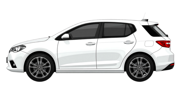 White hatchback, side view. Sleek, dark wheels, dark windows. Black background for contrast. Bright, clean look