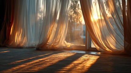 Warm golden sunlight streaming through sheer curtains, creating a soft and cozy interior atmosphere with blurred background and large blank right area suitable for text overlay or design.