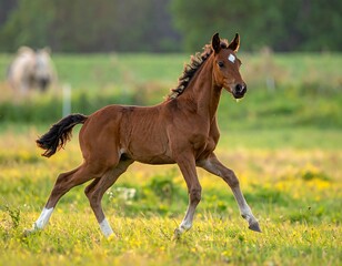 Obraz premium A young brown equine galloping happily in a grassy meadow