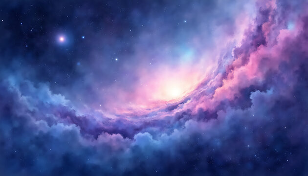 Vibrant nebula with pink and purple clouds and distant stars in deep space