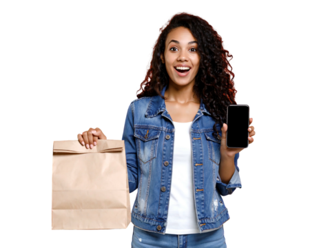 Smiling woman holds a phone in one hand and a takeout bag in the other against a dark background