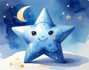 Adorable smiling star with rosy cheeks in a watercolor night scene