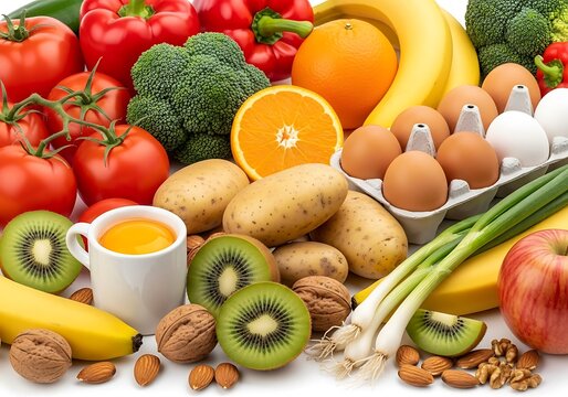 Vibrant assortment of fresh fruits vegetables and eggs for healthy eating and nutrition