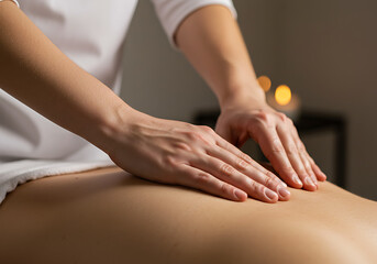 A professional therapist's hands performing a relaxing back massage in a spa. Close-up of a body treatment for wellness and health care