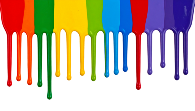Vibrant rainbow paints drip downwards against a stark black background, creating a mesmerizing and colorful visual effect