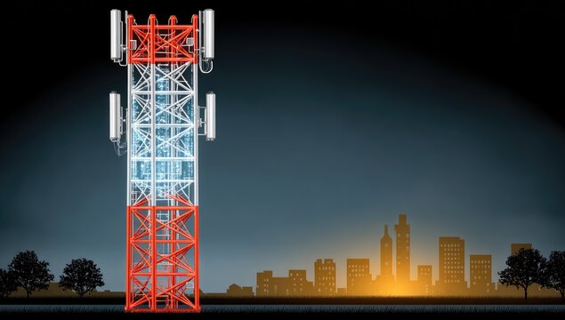 Cell Tower Communication Infrastructure with Cityscape.