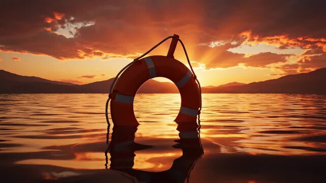 A life preserver floats in calm waters as a vibrant sunset casts light on the scene