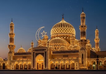 Obraz premium Magnificent illuminated mosque at dusk featuring intricate architecture and tall minarets