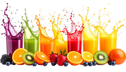 Vivid splashes of multicolored juice from glasses behind a row of ripe, fresh fruit on a dark background
