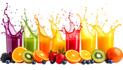 Vivid splashes of multicolored juice from glasses behind a row of ripe, fresh fruit on a dark background
