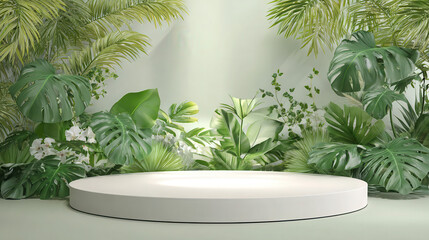 Empty pedestal surrounded by lush green tropical plants and soft light