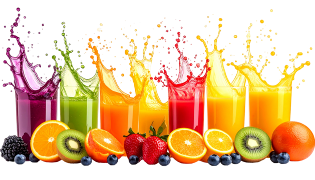 Vivid splashes of multicolored juice from glasses behind a row of ripe, fresh fruit on a dark background