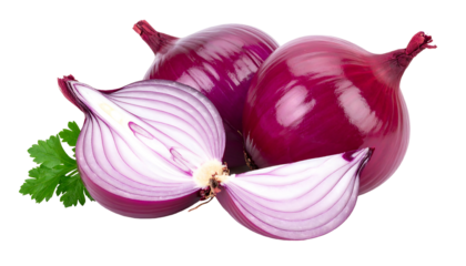 Vibrant red onions, one sliced open showing layers, plus a parsley sprig, all isolated on black