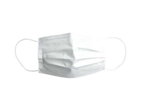 White, pleated surgical mask with elastic ear loops on black. Protective covering for face