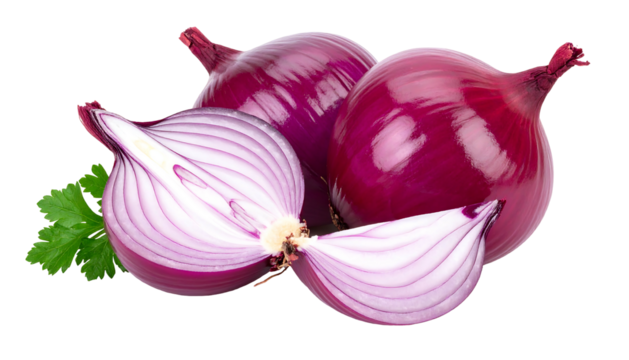 Vibrant red onions, one sliced open showing layers, plus a parsley sprig, all isolated on black