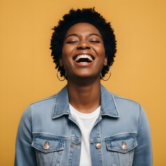 Joyful portrait of a young woman laughing with genuine happiness against a bright yellow background, expressing positivity, confidence, and carefree modern lifestyle in vibrant colorful studio lightin