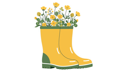 Flat vector of a pair of rain boots filled with small flowers , minimal yellow and green tones on pure white background.
