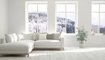Contemporary modern living room interior design featuring a comfortable white sofa and minimal furniture