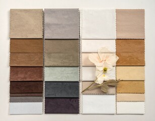 Assortment of fabric swatches arranged around a delicate flower