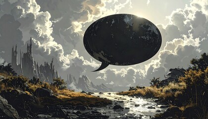 A surreal landscape with a floating speech bubble under a dramatic sky
