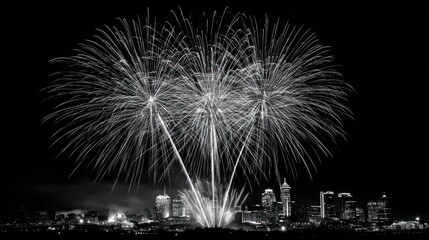 Festive bursts of fireworks over a cityscape at night, in grayscale monochrome