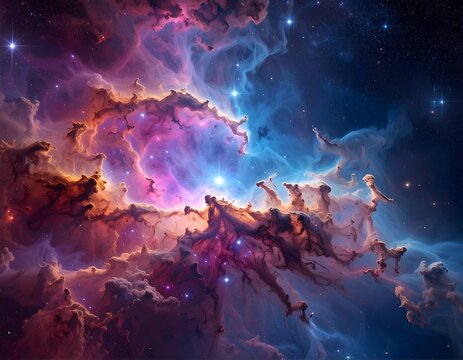A vibrant cosmic vista with colorful clouds, stars, and celestial formations
