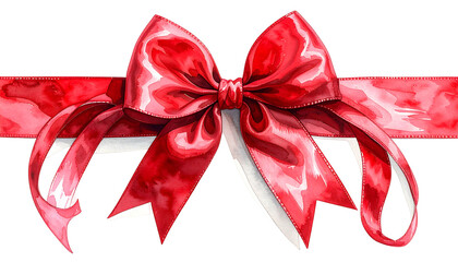 Watercolor painting of a vibrant red bow tied on a horizontal ribbon against a black background