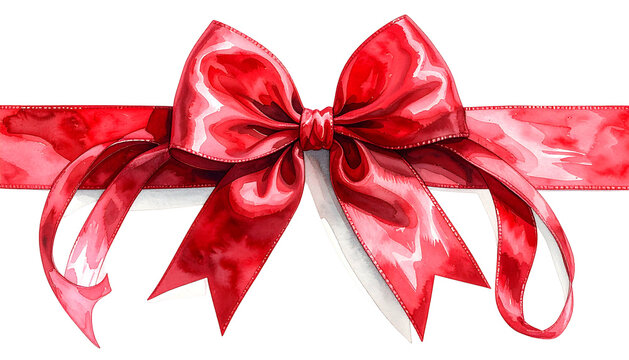 Watercolor painting of a vibrant red bow tied on a horizontal ribbon against a black background
