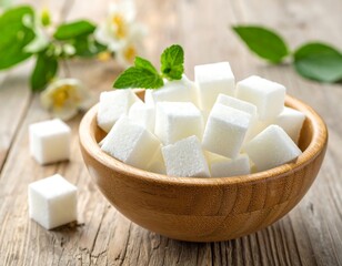 A wooden bowl brimming with white cubes on weathered wood
