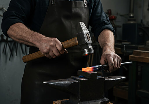 Blacksmith forging a glowing hot piece of metal with a hammer on an anvil. Craftsman at work in a traditional workshop. Manual labor and skilled metalworking concept - Powered by Adobe