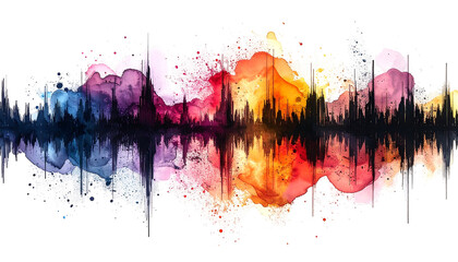 Vivid watercolor style wave graphic. Black wave form layered atop blended pastel colors in expressive spatter art