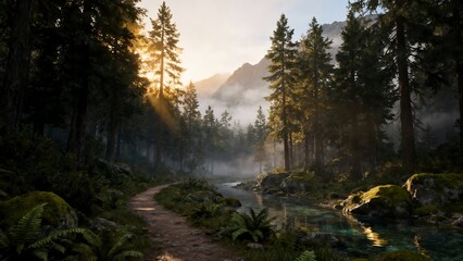 Misty Morning Path Winding Through a Sunlit Evergreen Forest