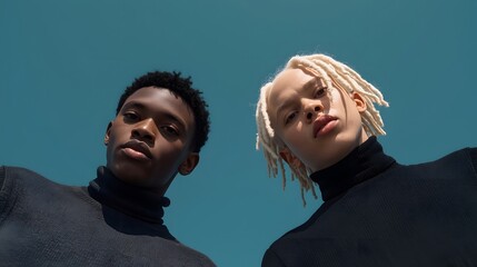 Low-angle portrait of two stylish young people in black turtlenecks against a bright blue sky, symbolizing unity, diversity, confidence, and modern minimalist fashion expression