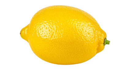 Vivid yellow lemon, skin textured, with a stem, isolated against a black background, highlighting its sunny brightness
