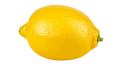 Vivid yellow lemon, skin textured, with a stem, isolated against a black background, highlighting its sunny brightness