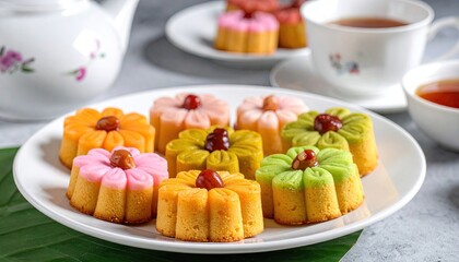 Colorful flower shaped cakes with assorted fruit fillings served on a white plate with tea in cups nearby on a textured surface