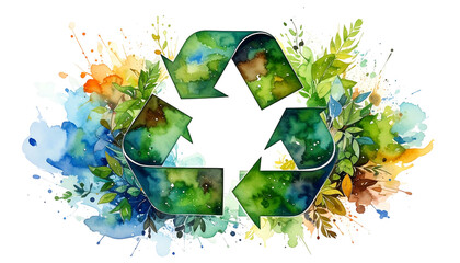 Watercolor recycle symbol. Green shades merge within a circular shape, foliage accents around painted splashes background
