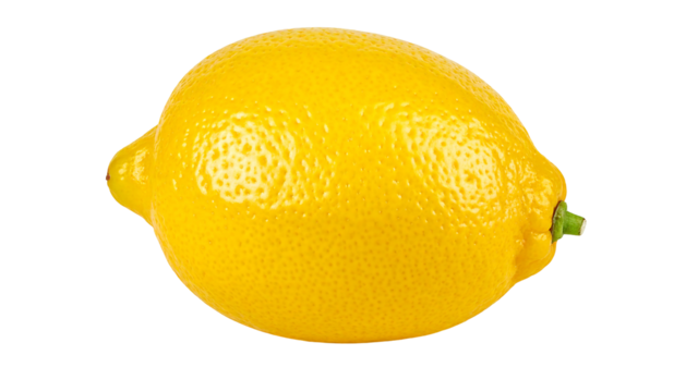 Vivid yellow lemon, skin textured, with a stem, isolated against a black background, highlighting its sunny brightness