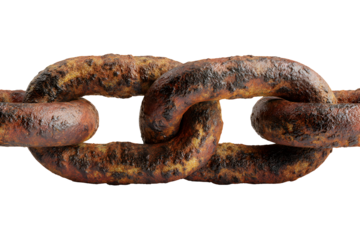 Close-up of rusty chain link with corroded metal texture, isolated on transparent background