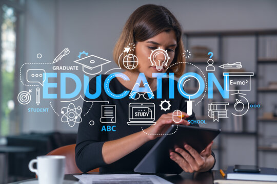 Businesswoman holding tablet device, touching screen. Office workplace. Concept of business degree, distant work, business education, information technology.