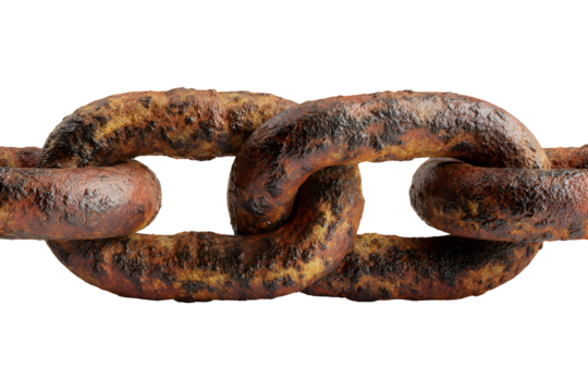 Close-up of rusty chain link with corroded metal texture, isolated on transparent background