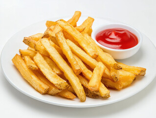 Crispy golden french fries with ketchup on white plate
