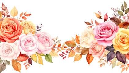 Watercolor roses & fall foliage arrangement in warm autumn hues with a transparent background