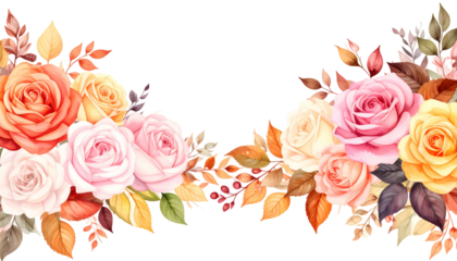 Watercolor roses & fall foliage arrangement in warm autumn hues with a transparent background