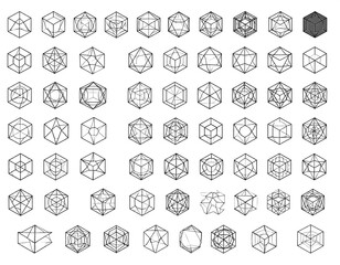Collection of various interconnected geometric 3D wireframe shapes