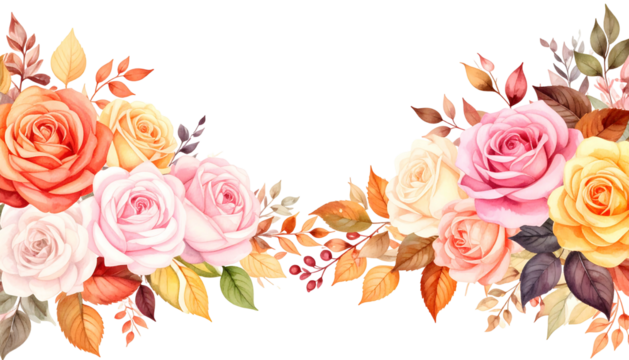 Watercolor roses & fall foliage arrangement in warm autumn hues with a transparent background