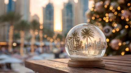 Christmas snow globe with palm trees and cityscape