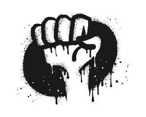 Spray painted graffiti fist hand on black over white. Demonstration, protest drip symbol. isolated on white background