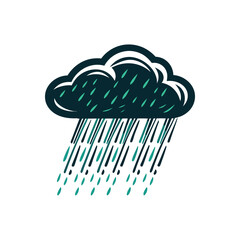 Stylized Dark Cloud with Rain Illustration A sky gray cloud hovers over a city street on a dove background