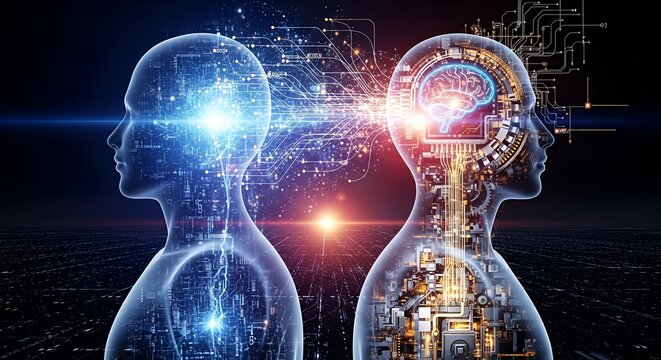 Neon electric blue glow concept X-ray design of a human head with brain illustration showing power and energy in space